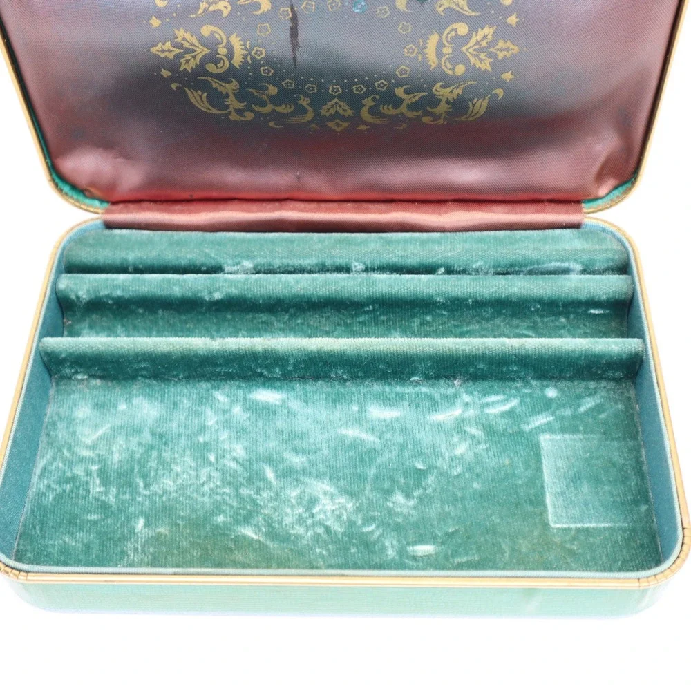 Farrington Vintage Jewelry Box Green Texol Gold Filigree Mid Century Trinket